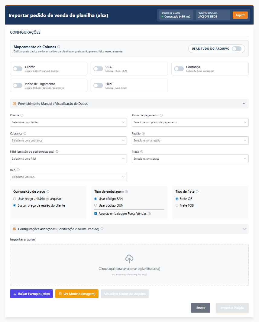 Tela desktop do importador de pedidos XLSX