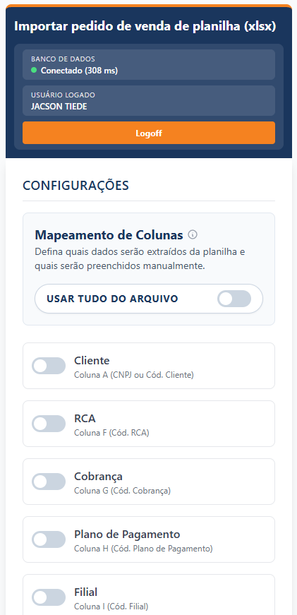 Tela mobile do importador de pedidos XLSX